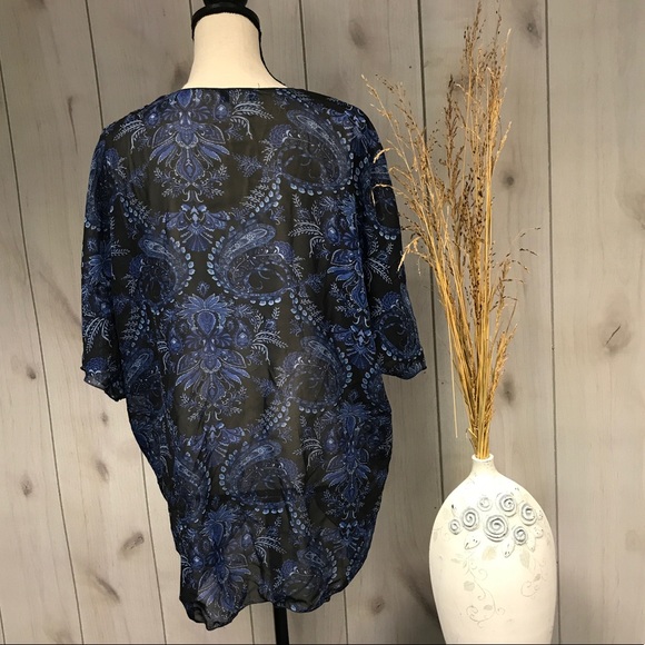 Floral Sheer Flowy Kimono Duster Black & Blue M/L - Picture 5 of 6
